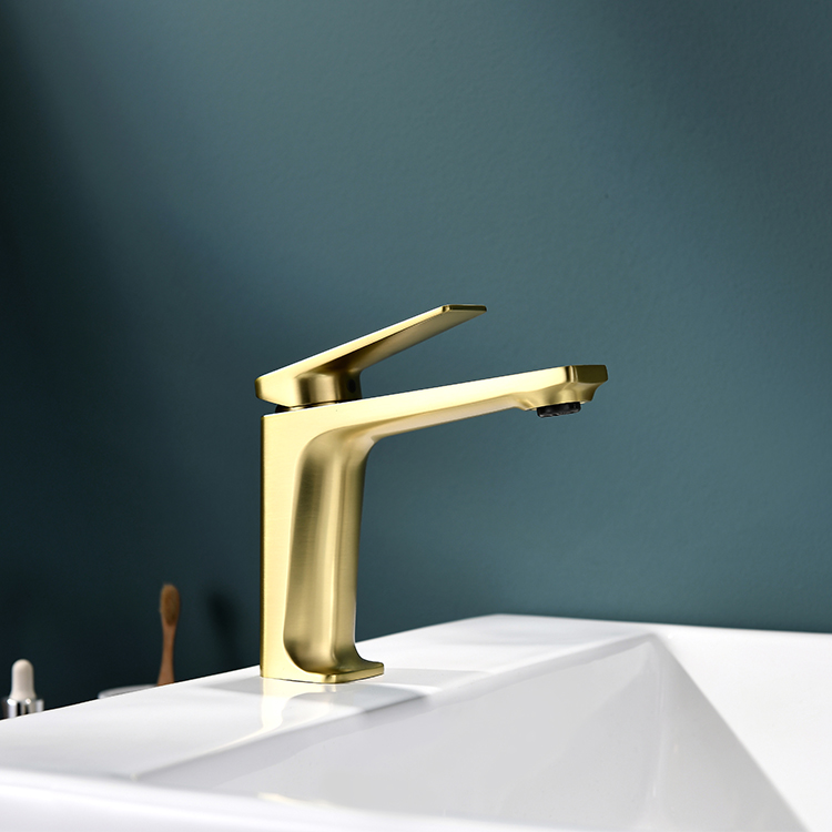 Grifo mezclador de lavabo dorado cepillado de una sola manija de alta calidad para baño
