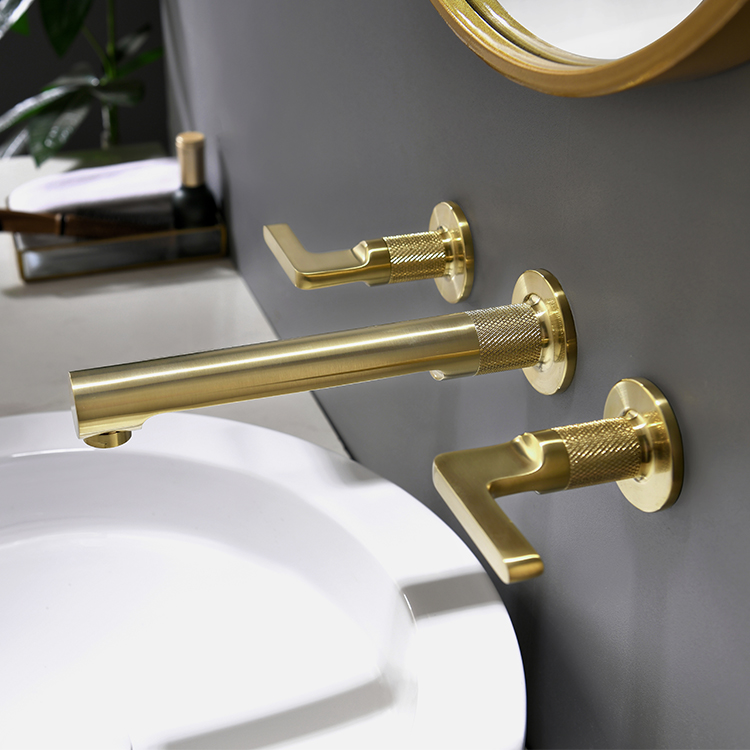 Estilo comercial 8 "generalizado de oro cepillado de doble manija de 3 orificios montado en la pared grifo mezclador del fregadero grifo del baño