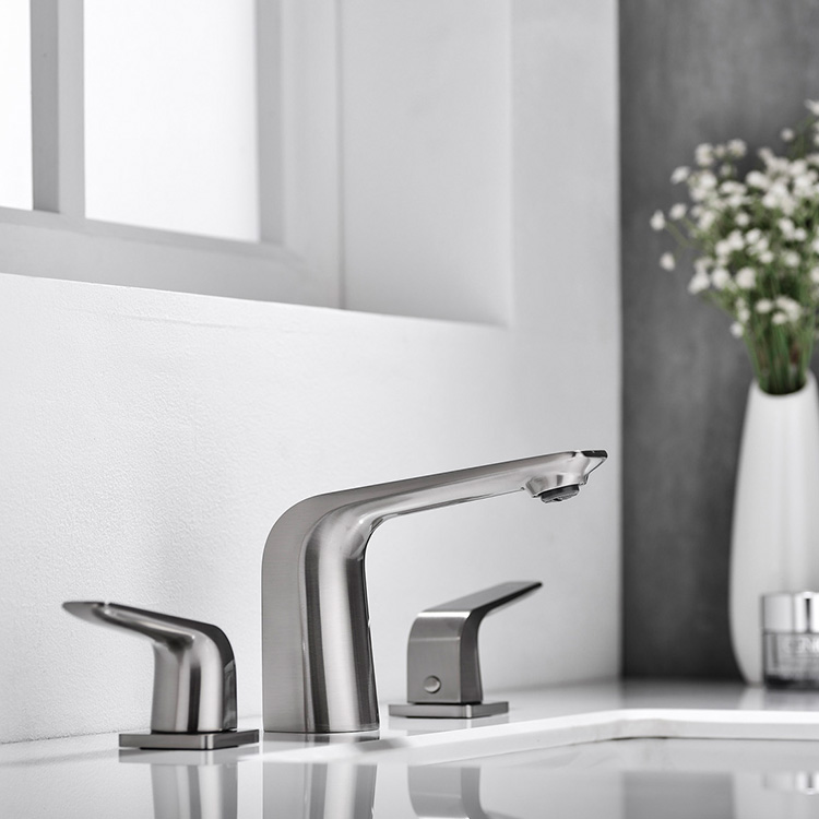 Grifo mezclador de lavado con agua fría y caliente de níquel cepillado de doble manija de lujo Grifo para lavabo de baño