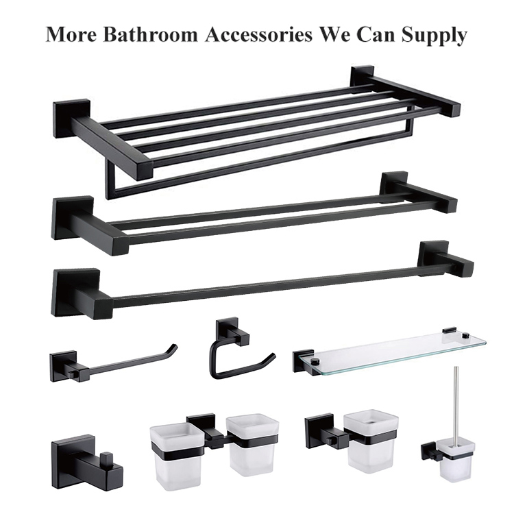 Accesorios de baño de hotel de buena calidad, soporte de estante de toalla negro, soporte de toalla de montaje en pared de acero inoxidable