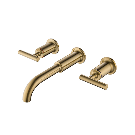 Grifo de lavabo de baño de 3 orificios de montaje en pared de oro cepillado de estilo europeo, grifo mezclador de doble manija de 8 pulgadas