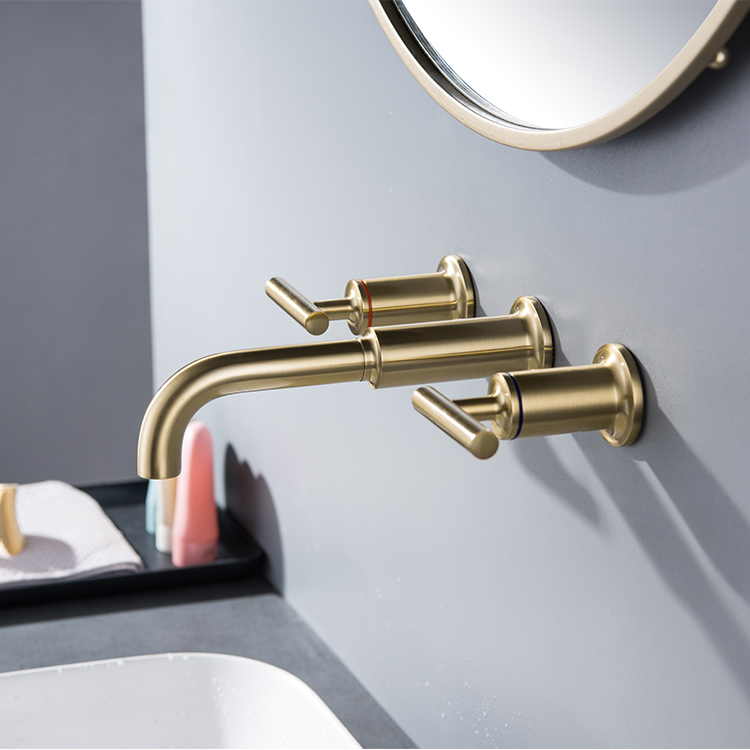 Grifo mezclador de lavabo de doble manija montado en la pared de 3 orificios de agua fría y caliente de oro cepillado para baño