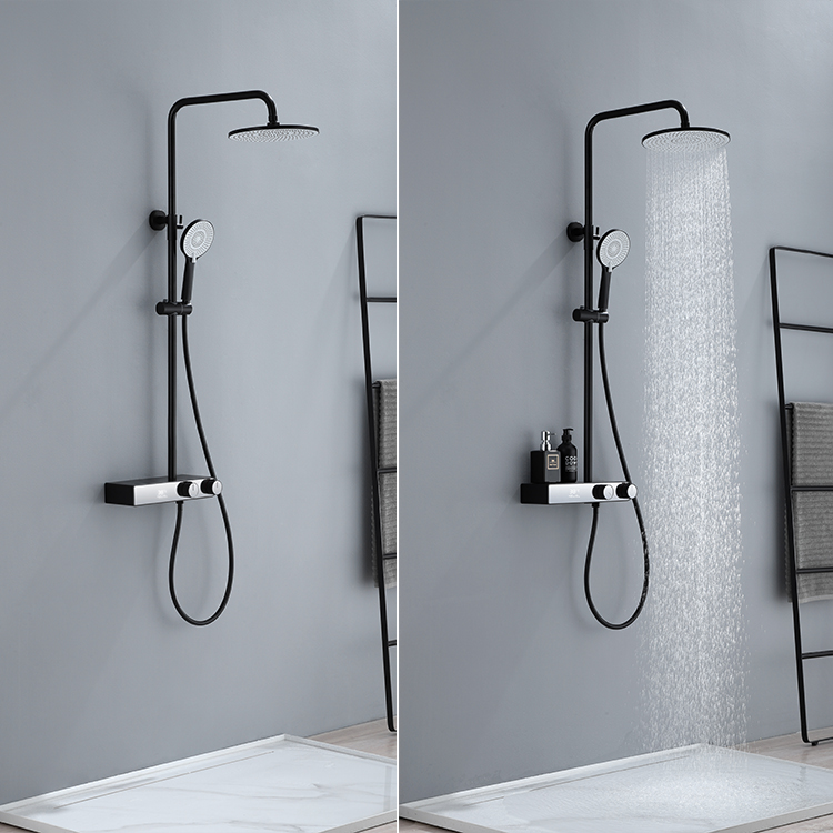 Juego de ducha de lluvia redonda con sistema de ducha de baño montado en la pared multifunción negro mate