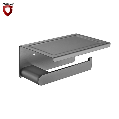 Pistola de acero inoxidable montada en la pared moderna Organizador de almacenamiento de baño negro Soporte de papel higiénico con estante para teléfono móvil